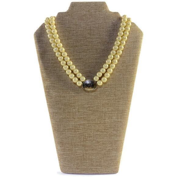 Avon President's Club Faux Pearls Necklace Double String Rhinestones Accents - Picture 1 of 7